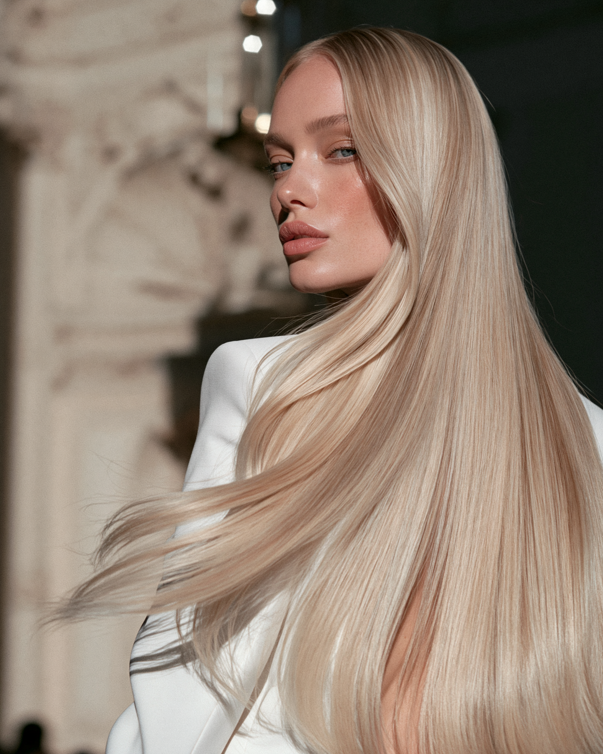 CALERTO blonde human hair extensions shown on an elegant model
